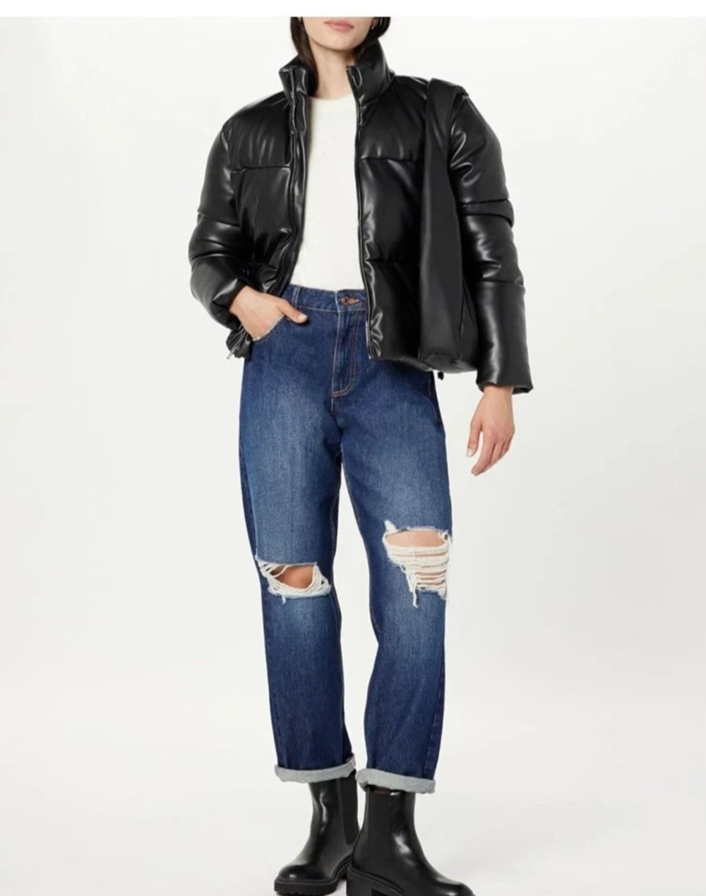The Drop Women's Black Vegan Leather Cropped Puffer Jacket Zipper Large NWT